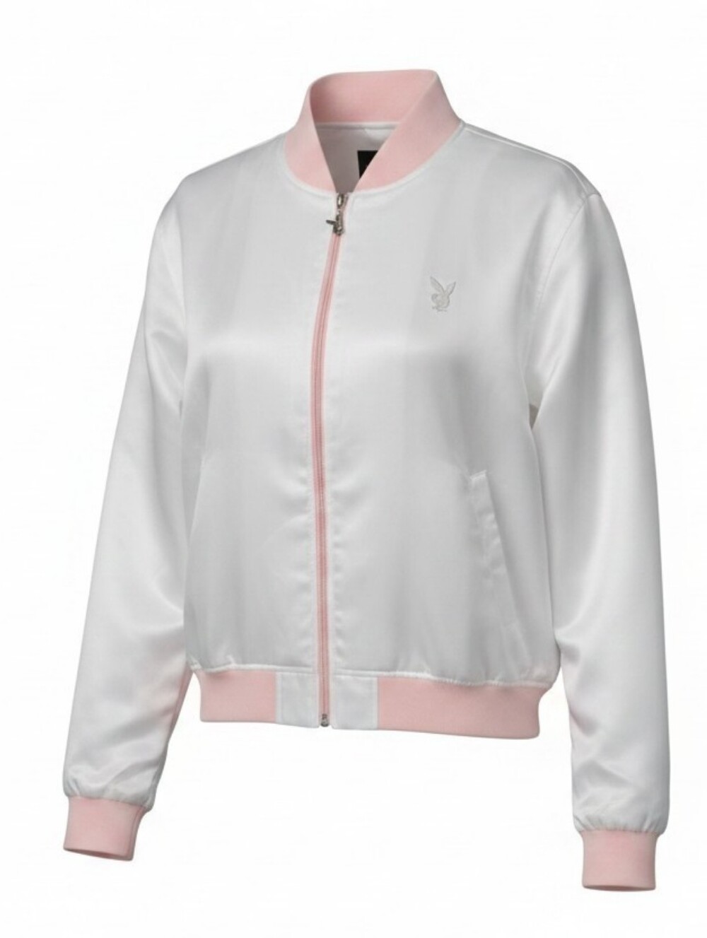 PLAYBOY White Satin Bomber Jacket with Pink Trim